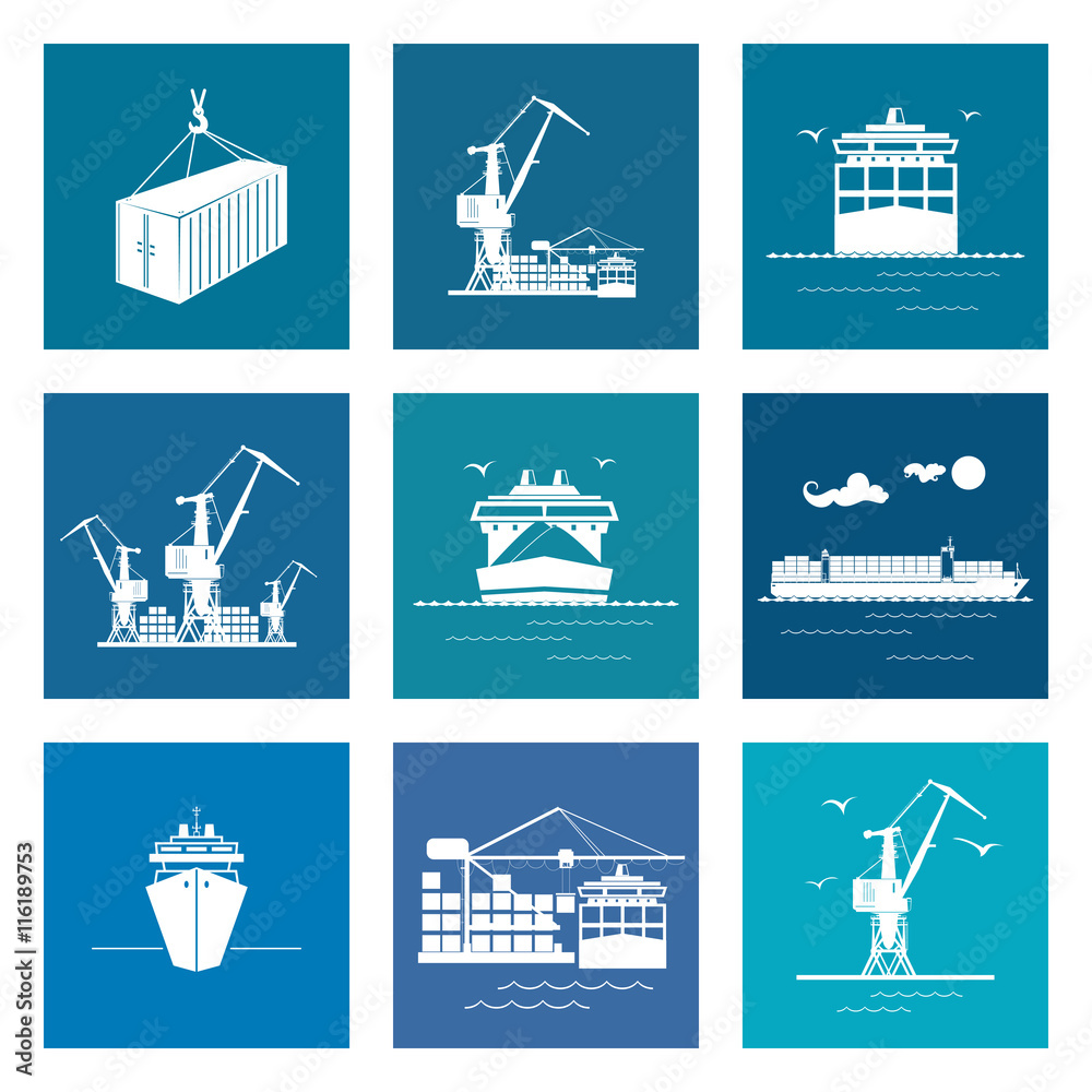 Container Unlaoding Icon Set of Marine Cargo Icons, Dry Cargo Ship and Container Ship, Unloading ...