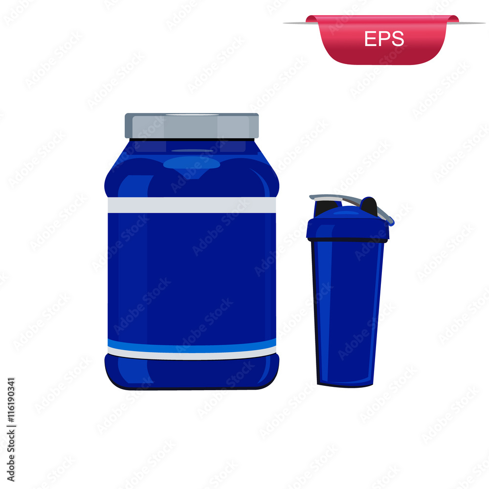 Can of protein or gainer powder with shaker isolated on white background Can of protein or gainer powder with shaker isolated on white background