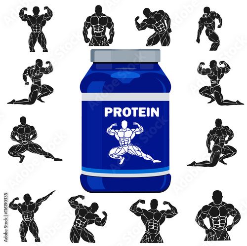 Can of protein powder with bodybuilding icons isolated on white background, vector illustration