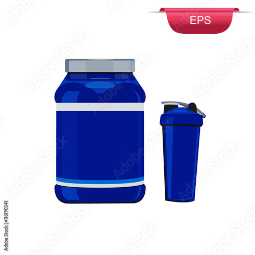 Can of protein or gainer powder with shaker isolated on white background