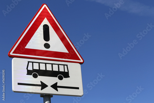 Dutch road sign: danger, buses crossing ahead