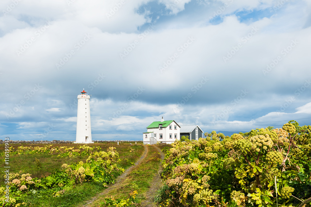 Lighthouse on the atlantic coast in Reykjavik, Iceland