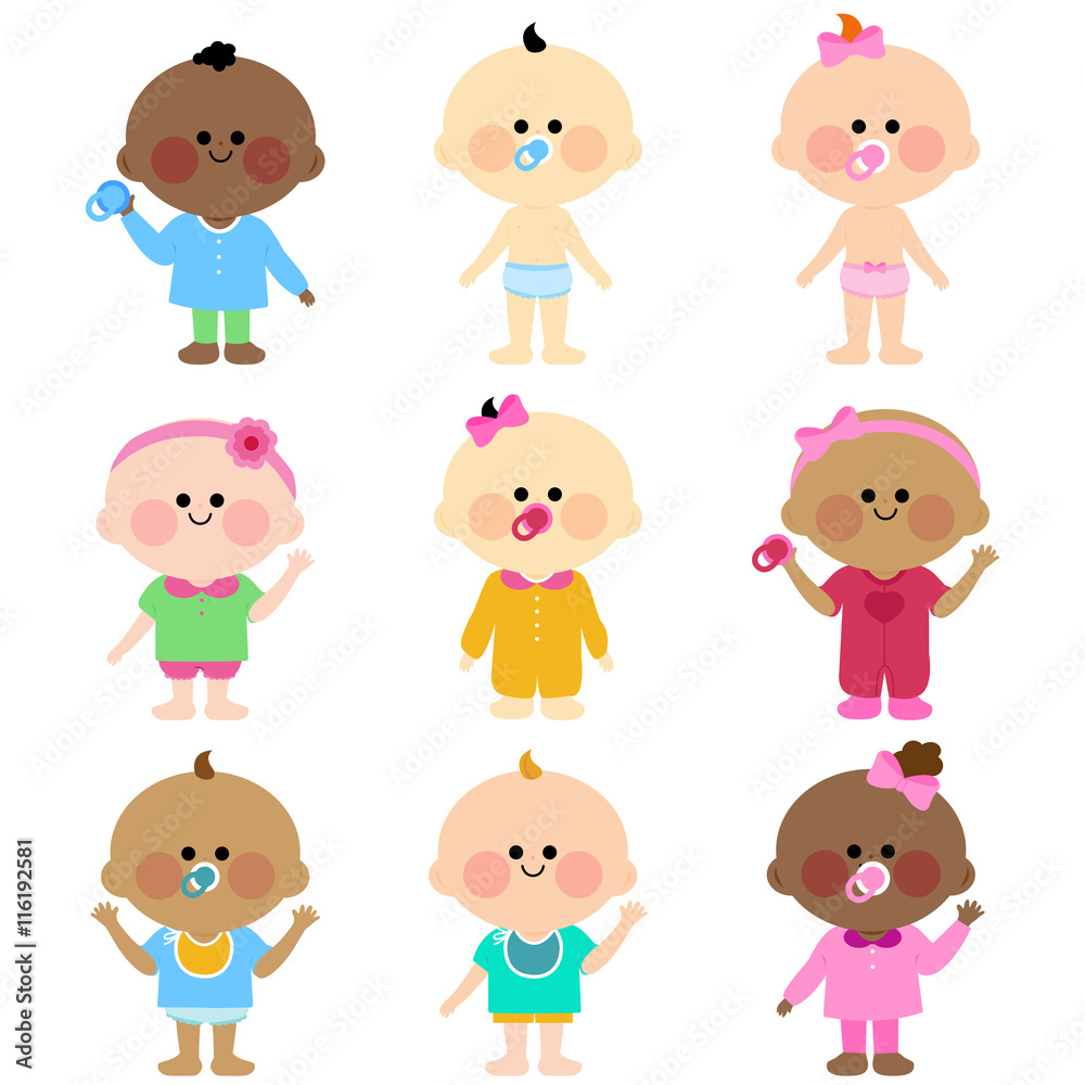 Diverse group of cute babies. Vector illustration set Diverse group of cute babies. Vector illustration set