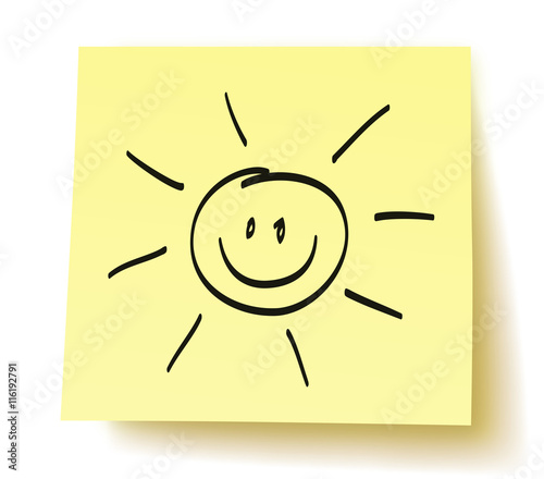 Quadratisches gelbes Postit mit handgezeichneter Sonne – Zeichnung, Vektor, freigestellt