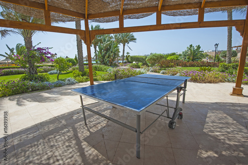 Fototapeta Naklejka Na Ścianę i Meble -  Ping pong table in gardens of tropical hotel resort