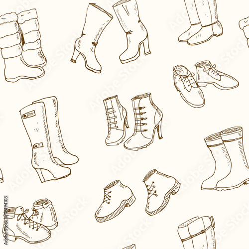 Vector illustration of woman fall and winter shoes, boots set. seamless pattern