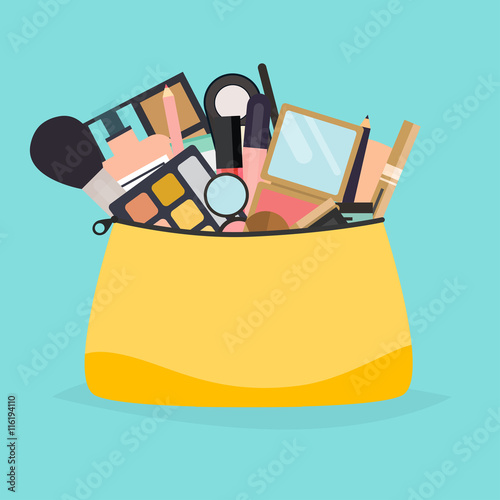 Cosmetic bag with makeup stuff. Beauty style isolated on white b