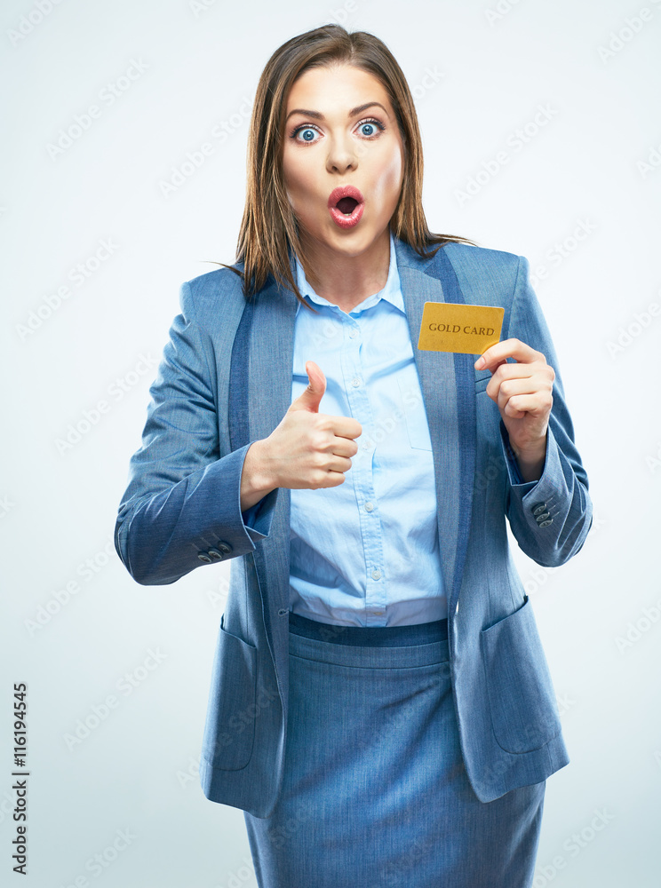 Surprised business woman in suit credit card show Surprised business woman in suit credit card show