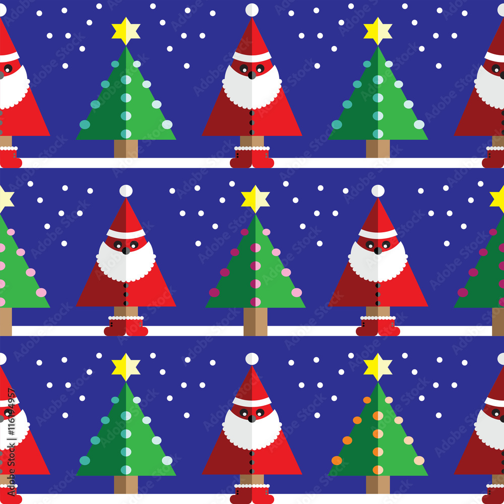 Seamless pattern with geometrical Santa Claus, snow , Christmas trees with  light blue, orange, pink lights and star element in two shades on dark blue background 