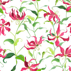 Tropical Leaves and Floral Background - Fire Lily Flowers - Seamless Pattern