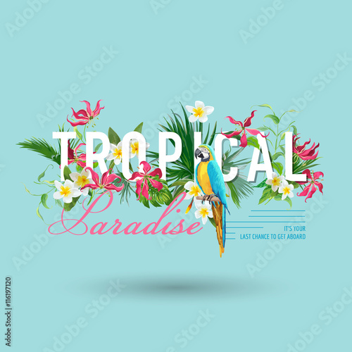 Tropical Bird and Flowers Graphic Design - for t-shirt, fashion