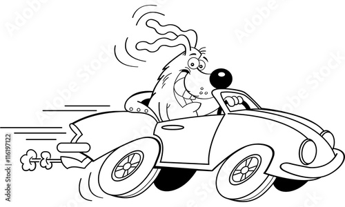 Black and white illustration of a dog driving a car.