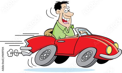 Cartoon illustration of a man driving a car.