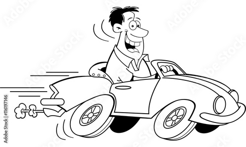 Black and white illustration of a man driving a car.