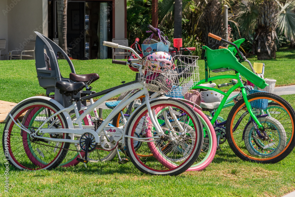 a colorful group of bikes for family recreational activity