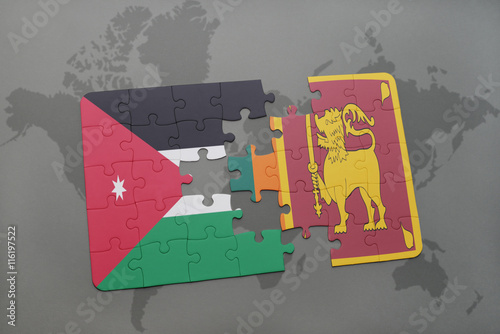 puzzle with the national flag of jordan and sri lanka on a world map background.