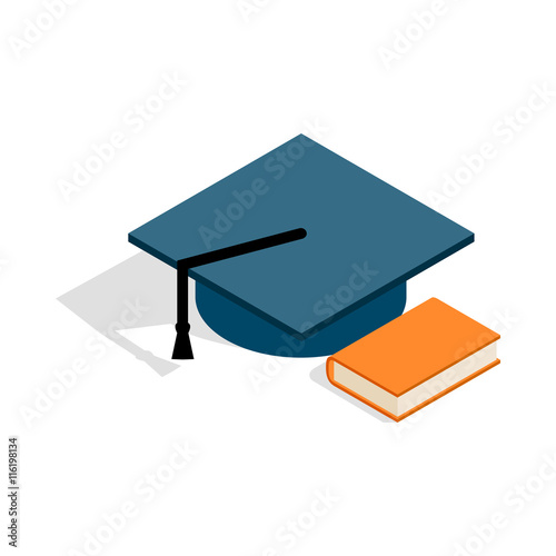 Student hat and book icon in isometric 3d style isolated on white background. Facilities for student symbol