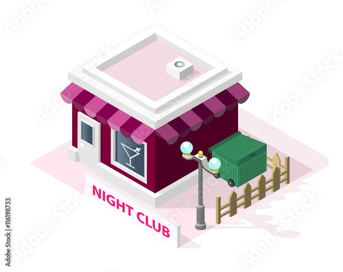 Isometric High Quality City Element with 45 Degrees Shadows on White Background. Night Club