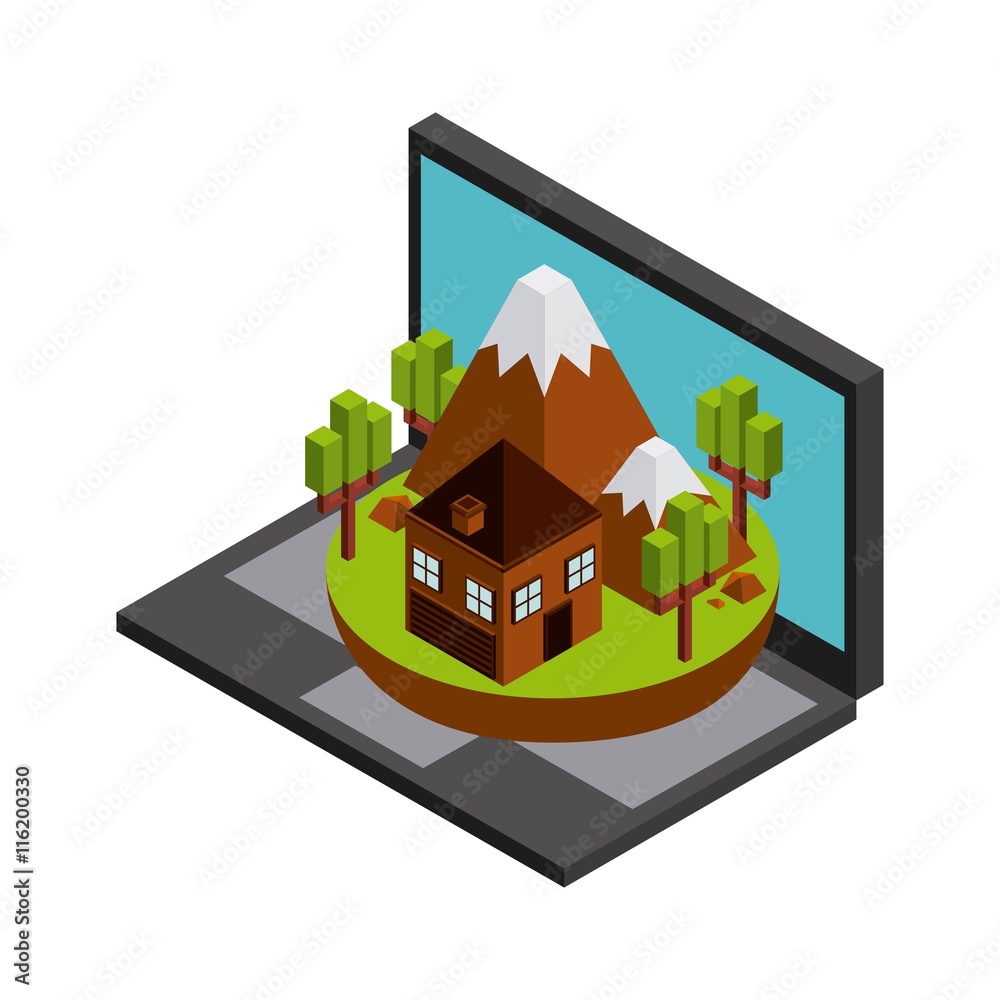 laptop house mountain trees icon. Isometric design. Vector graph laptop house mountain trees icon. Isometric design. Vector graph