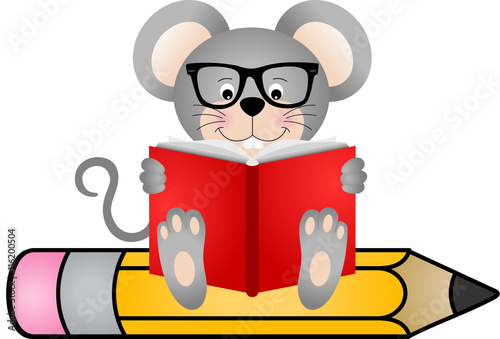 Cute mouse reading book sitting on pencil