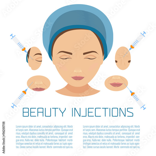 Beauty facial injections. Anti-ageing therapy process for facelift and wrinkles. Female rejuvenation treatment infographics. Vector illustration.

