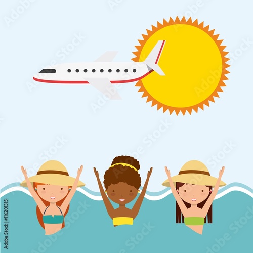 girls sun airplane sea icon. Swimming and pool party design. Vec