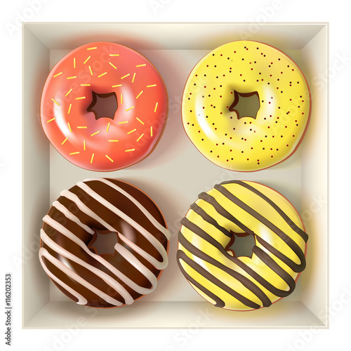 Glazed colored donuts set in the box 3D. Vector Illustration