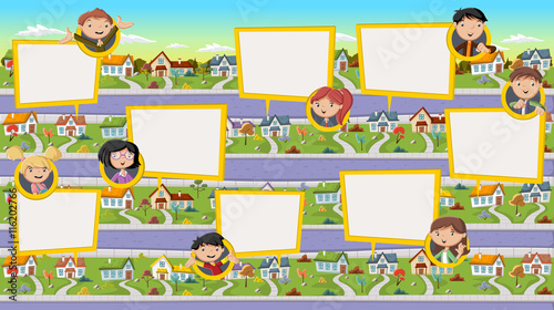 Cartoon family talking with speech bubbles in suburb neighborhood. Green park landscape with grass, trees, and houses.
