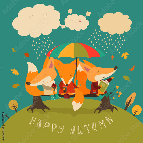 Cute foxes sitting under an umbrella on a log