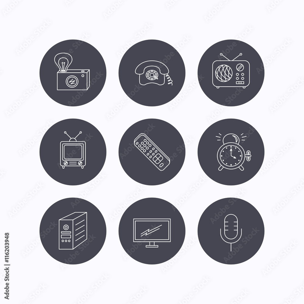 Retro camera, radio and phone call icons. Retro camera, radio and phone call icons.