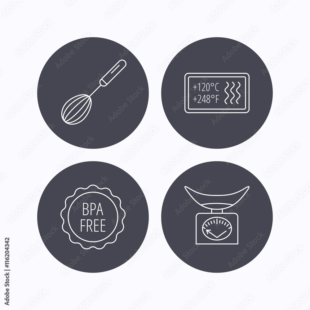 Kitchen scales, whisk and heat-resistant icons. Kitchen scales, whisk and heat-resistant icons.