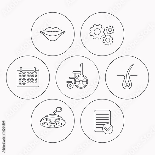 Trichology, surgical lamp and wheelchair icons.
