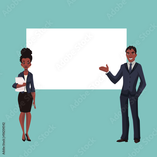African American businessman and businesswoman holding presentation with white board cartoon style vector illustration isolated on white background. Black business man and woman at presentation