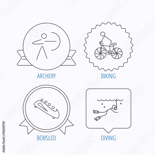Diving, biking and archery icons.