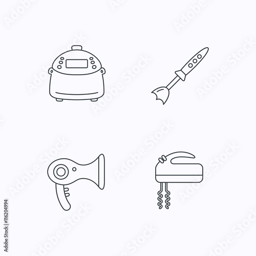 Multicooker, hair-dryer and blender icons.