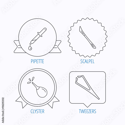Pipette, medical scalpel and clyster icons.