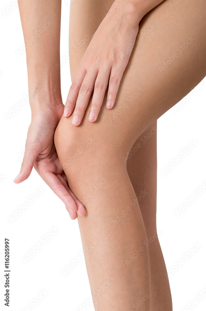 woman holding her beautiful healthy long leg with massaging knee in pain area, Isolated on white background. woman holding her beautiful healthy long leg with massaging knee in pain area, Isolated on white background.