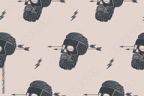 Seamless pattern background of vintage skull hipster with arrow. Graphic design for wrapping paper and fabric texture of shirt. Vector Illustration