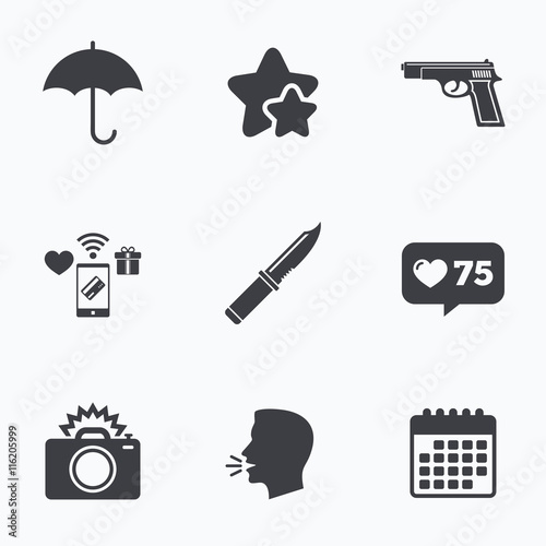 Gun weapon. Knife, umbrella and photo camera.