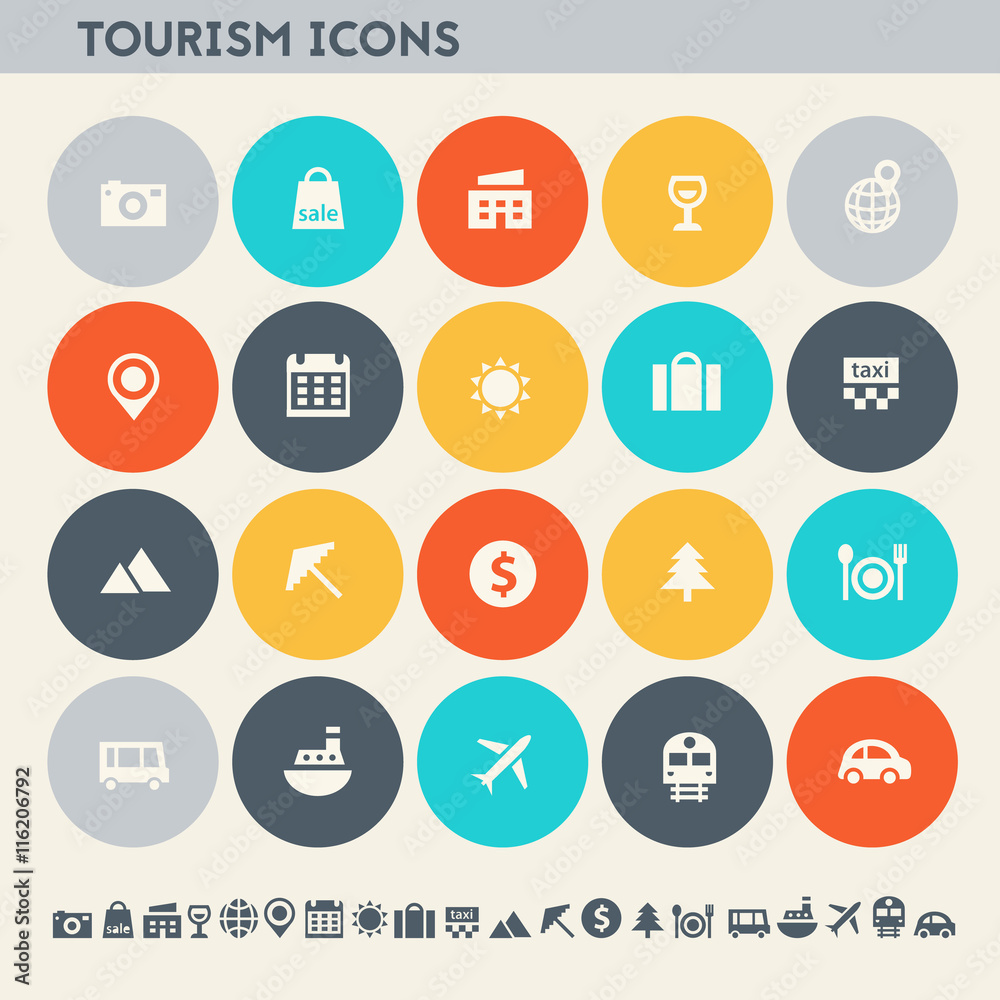 Tourism icon set. Multicolored flat buttons Tourism icon set. Multicolored flat buttons