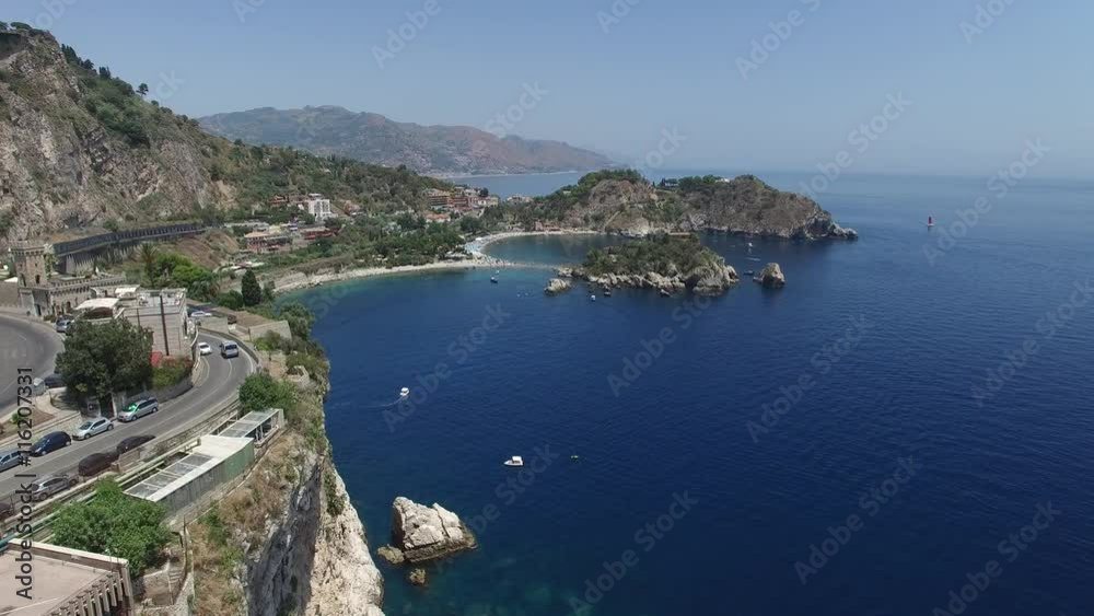 Aerial View of beach and island Isola Bella at Taormina, Sicily Aerial View of beach and island Isola Bella at Taormina, Sicily