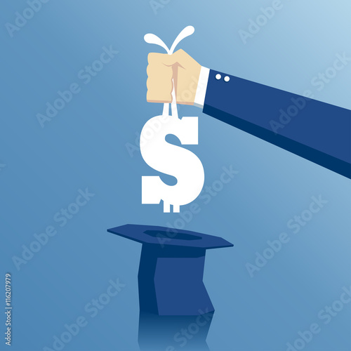 Hand pulls out of  hat a dollar sign like a rabbit, business concept success and easy money