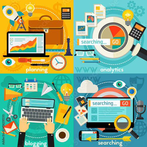 Planning, Blogging, Web Searching And Analytics Concept