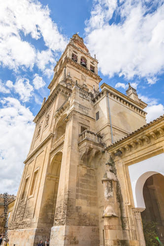 The bell tower Alminar of Mosque of Cordoba converted to a Cathedral in the 1500, Andalusia, Spain. The Great Mosque of Cordoba is made up of Arab-Islamic and Gothic and Renaissance architecture art.