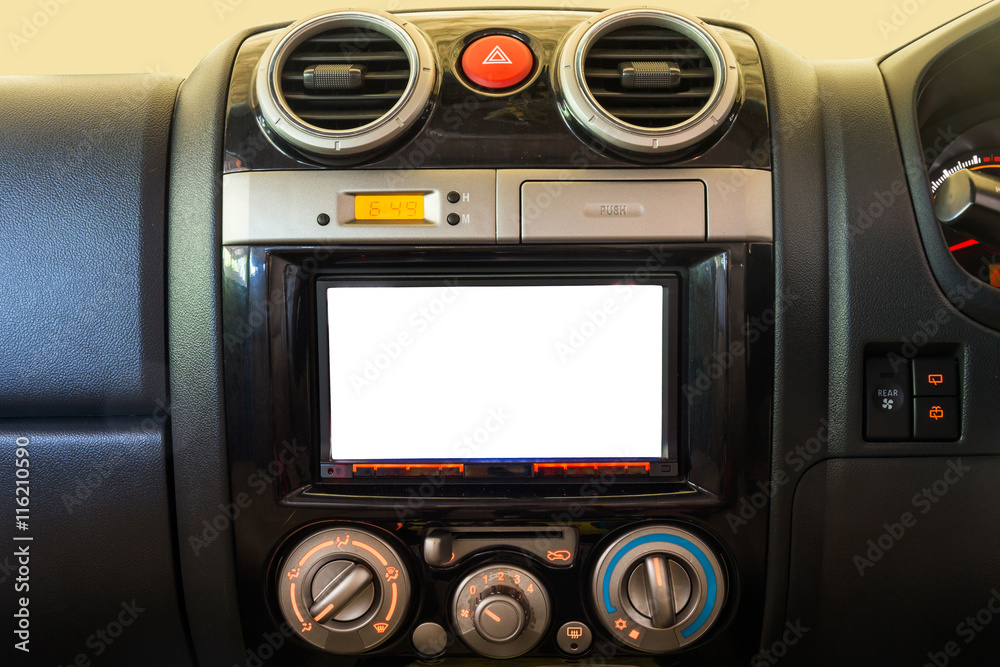 Fototapeta premium Interior detail of modern luxury car dashboard with big display and alarm button and air conditioner switch button. Screen multimedia system