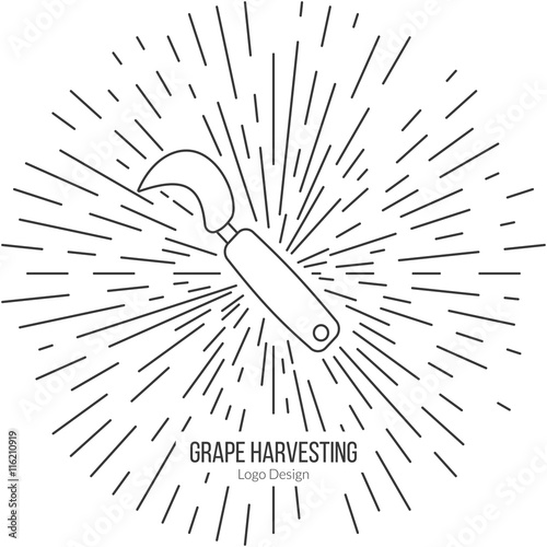 Grape hook, harvesting knife with star burst. Single logo in modern thin line style isolated on white background. Outline winery symbol. Simple mono linear pictogram. Stroke raster logotype template.