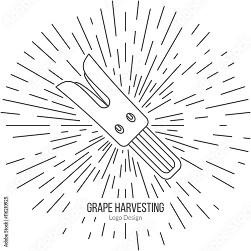 Grape razor fork with star burst. Single logo in modern thin line style isolated on white background. Outline winery symbol. Simple mono linear pictogram. Stroke raster logotype template.