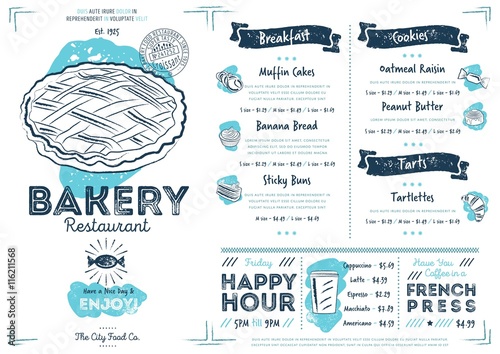 Restaurant bakery cafe menu template flyer vintage design vector illustration