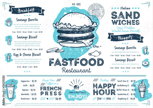 Restaurant fast food cafe menu template flyer vintage design vector illustration