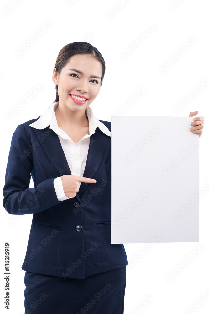 Smiling business woman hold white advertising board. White card. Smiling business woman hold white advertising board. White card.